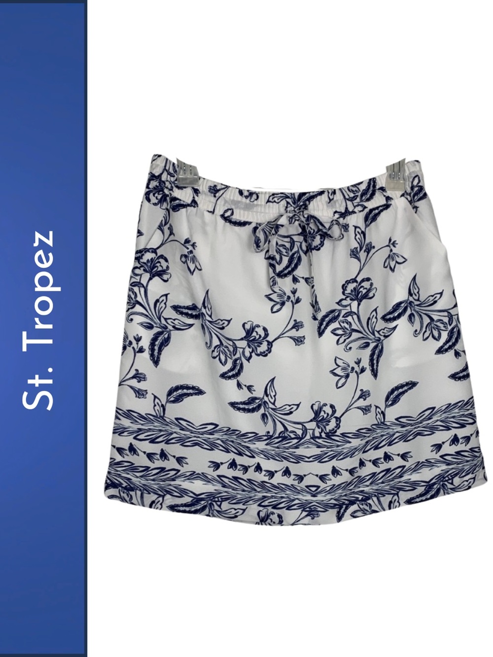 Saint Tropez West White and Blue Floral Skirt w/ Pockets S Resortwear Vacation